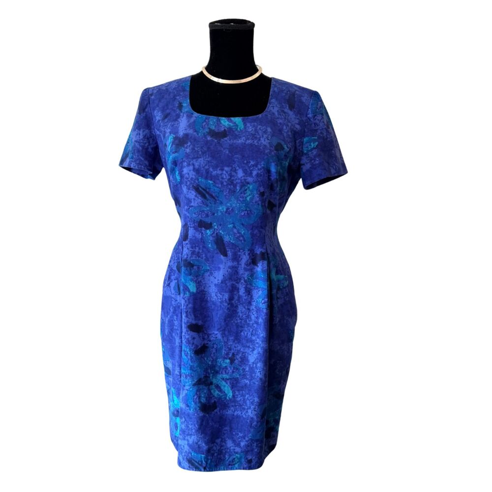 VINTAGE Maggy London Chic Sapphire Linen/Cotton Blend Cocktail Pencil Dress Sz 4
